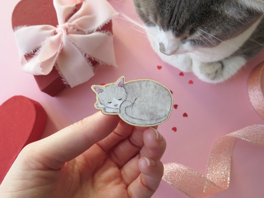 Sleepy Grey Cat Wooden Pin