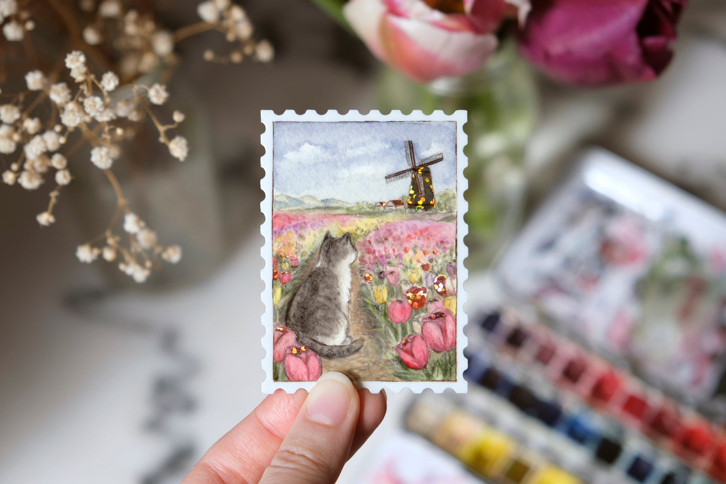 Tulip Fields Stamp Glitter Sticker