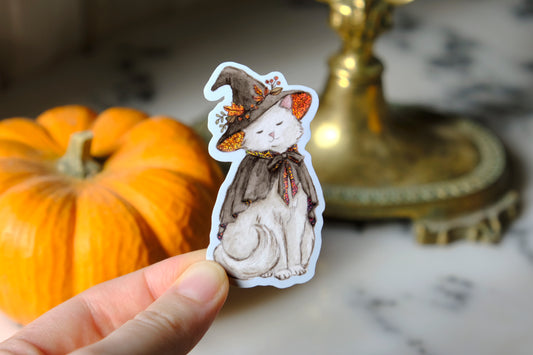 Autumn Witch Cat Glitter Sticker