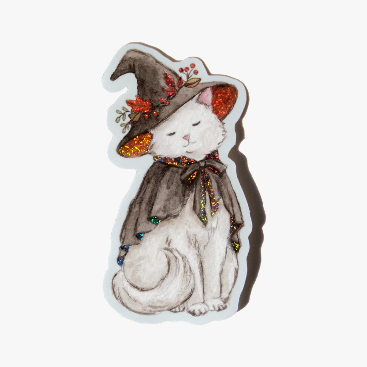 Autumn Witch Cat Glitter Sticker