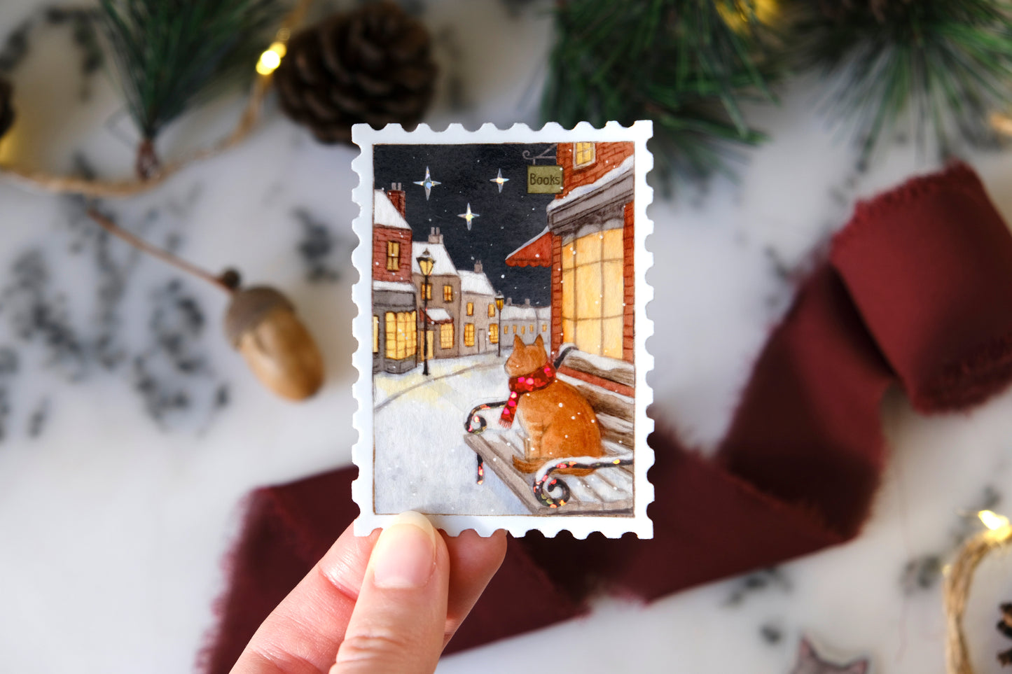 Snowfall Village Stamp Glitter Sticker