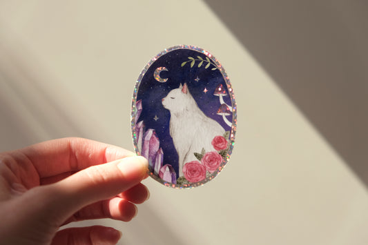 White Cat Medallion Glitter Sticker