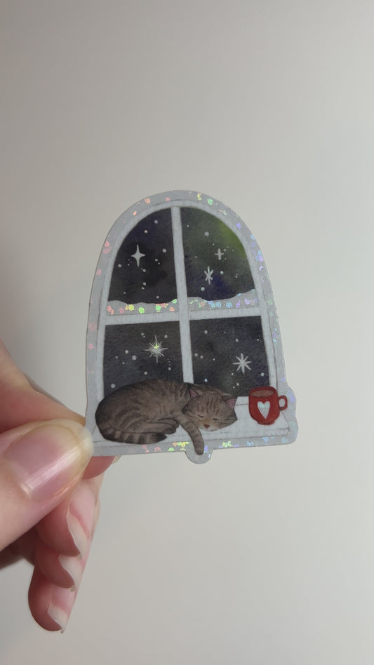 Cozy Cat Glitter Sticker