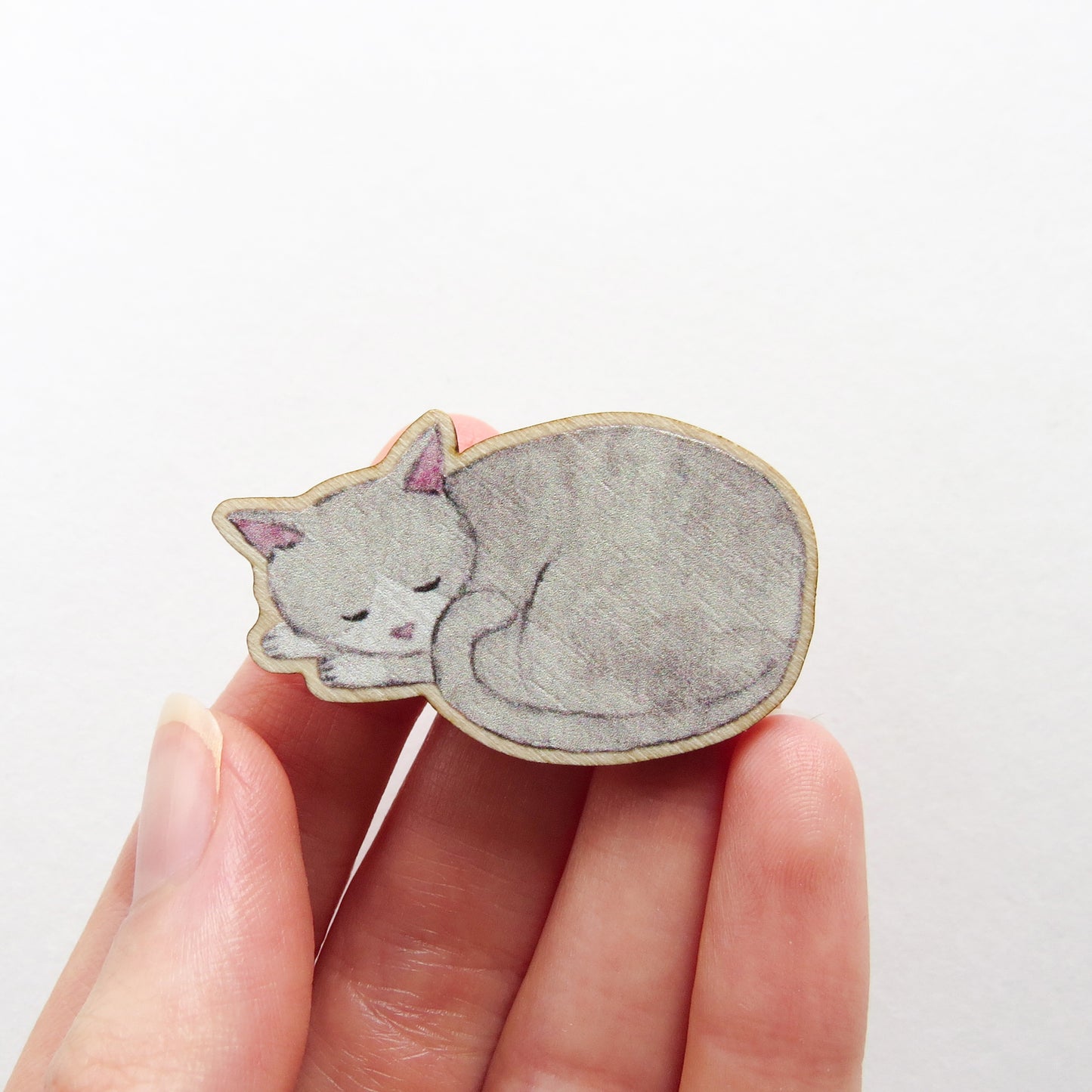 Sleepy Grey Cat Wooden Pin